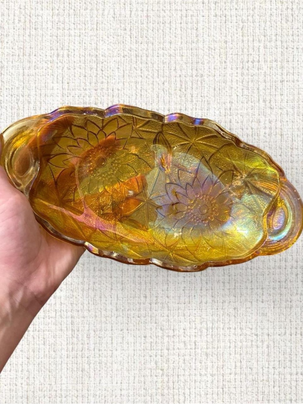 Indiana Glass Company marigold/amber carnival glass oval relish dishes